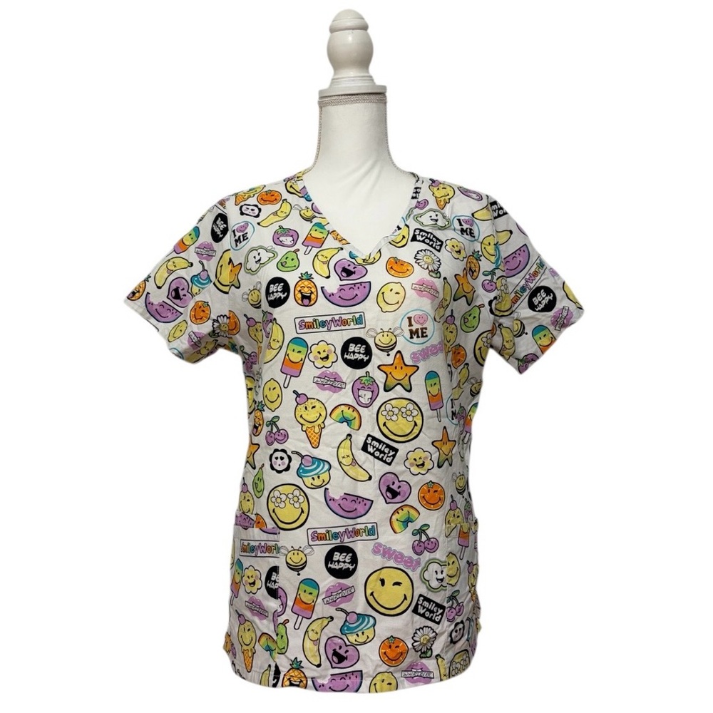 Smiley World Happy Face Emoji Multi-Color Nursing Medical Scrub Top Women’s Med